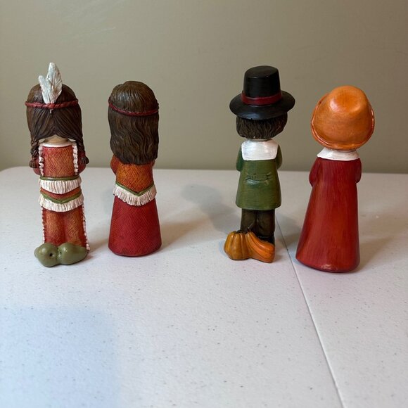 Thanksgiving Figurines Set Of 4 - Pilgrims and Native American Resin Figures - Picture 7 of 16